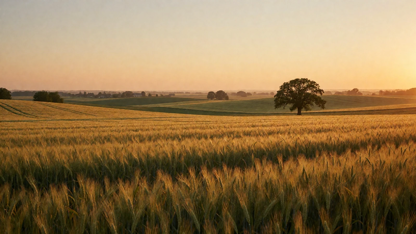 Golden wheat field at dusk on open American farmland